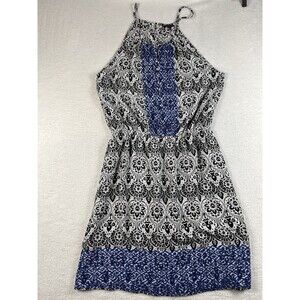 THML Halter Blue Black Floral Sleeveless Cinched Tunic Dress Size L